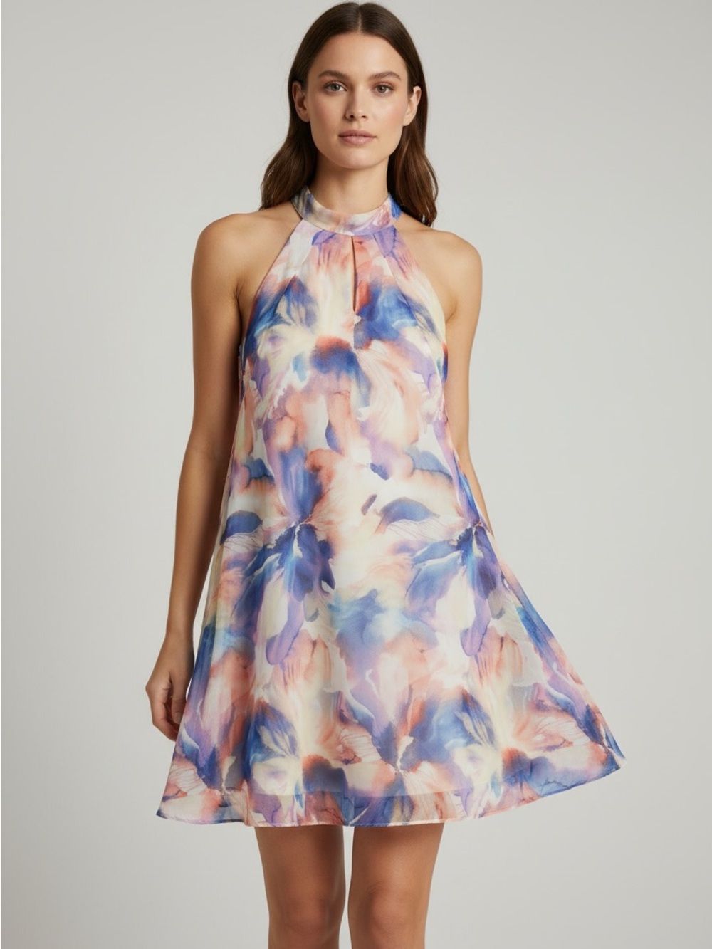 Signature by Robbie bee Halter Mini Dress in Blue-Pink Watercolor size 6 P